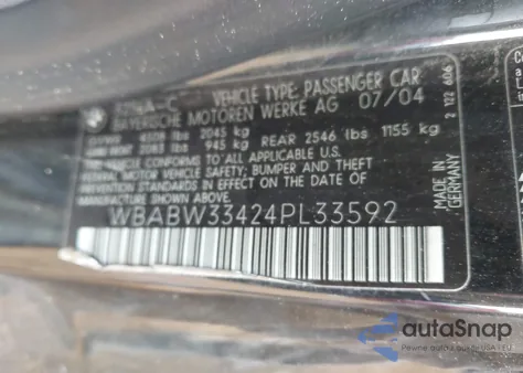 2004 BMW 325Ci z USA, uszkodzony, nr VIN WBABW33424PL33592